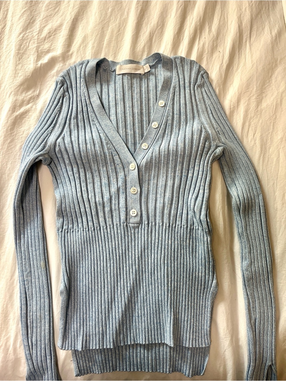 Jonathan Simkhai Light Blue Ribbed V-Neck Button Knit